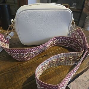 White Crossbody Camera Bag with Decorative Strap